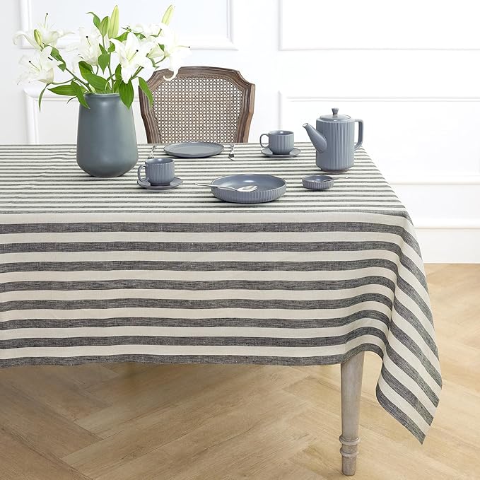 Solino Home Linen Striped Tablecloth 60 x 108 Inch - 100% Pure Linen Black and Natural Table Cloth for Rectangle Tables - Sorrento Stripe, Machine Washable Tablecloth for Fall, Autumn, Thanksgiving