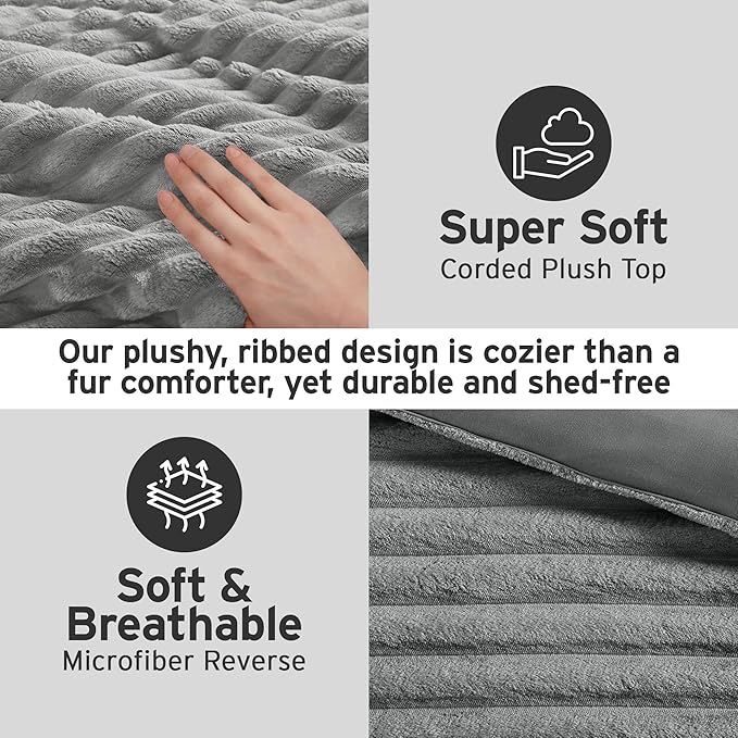 Intelligent Design Queen Comforter Set, Cozy Plush Bedding, Microfiber Reverse, 3 Piece, Lightweight, Super Soft Ribbed Velvet Comforter 2 Shams, All Season Fluffy Bed Set, Avril, Full/Queen Grey