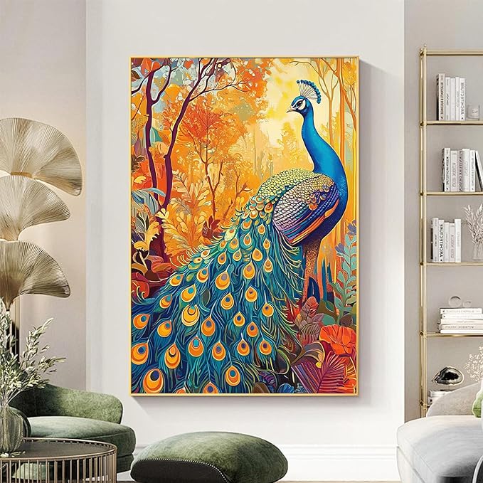 Vintage Peacock Canvas Wall Art Vintage Autumn Poster Prints Blue Animal Painting Vintage Animal Picture Aesthetic Peacock Canvas Prints for Living Room Decor 16x24inch Unframed