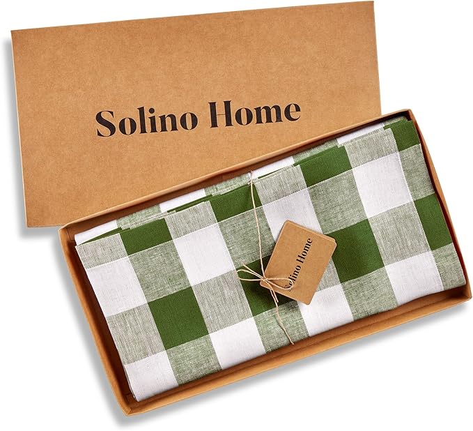 Solino Home Linen Checkered Tablecloth 60 x 90 Inch - 100% Pure Linen Olive and White Buffalo Plaid Table Cloth for Rectangle Tables - Machine Washable Tablecloth for Fall, Autumn