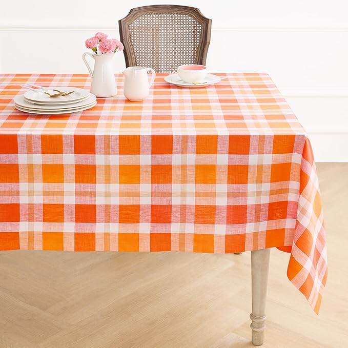 Solino Home Linen Plaid Square Tablecloth 52 x 52 Inch - 100% Pure Linen Pumpkin Table Throw - Autumn, Thanksgiving, Holiday, Fall Buffalo Check Machine Washable Table Cloth