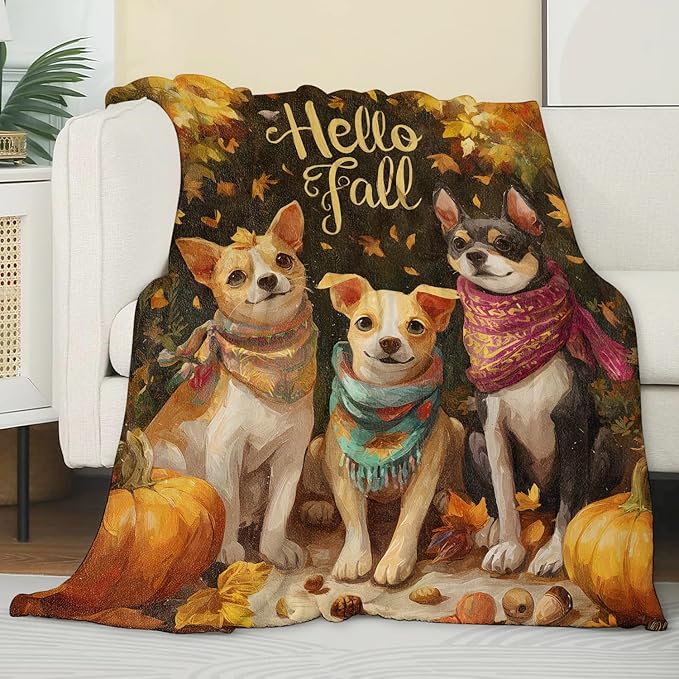 Adorable Dog Blanket,Fall Gifts for Pet Lovers,Lightweight Flannel Throw Blankets,Cute Puppy Pumpkin and Autumn Leaf Throws Home Decor,for Camping Living Room Office,60x50inch