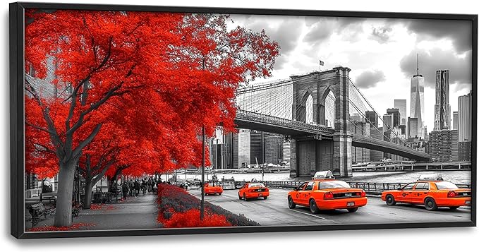 Brooklyn Bridge Large Wall Art Black and White Framed Red Wall Decor for Living Room New York City Pictures Oversized Canvas Print Painting Modern Extra Large Artwork for Bedroom Office 60"x30"