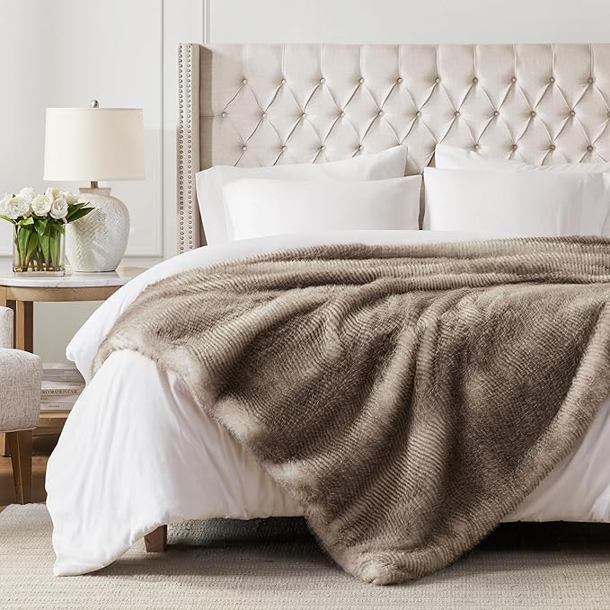 Hyde Lane Ultra Long Pile Faux Fur Throw Blanket, Luxury Fluffy Blankets for Couch Sofa Home Decor, Soft Fuzzy Plush Throws, Striped Brown, 50x60