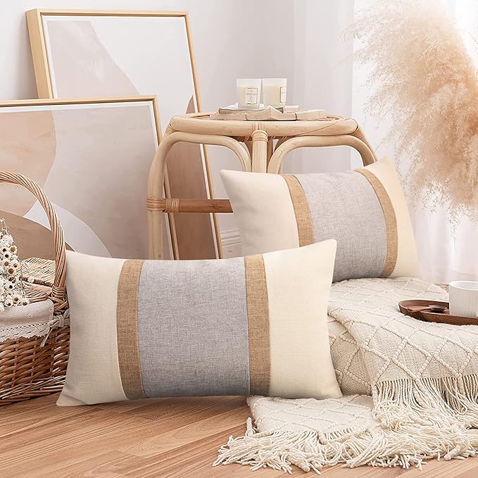 Pyonic Pack of 2 Boho Throw Pillow Covers Farmhouse Decorative Lumbar Pillowcases for Couch Sofa Living Room Outdoor Decor,Cream White and Grey,12 x 20 Inch