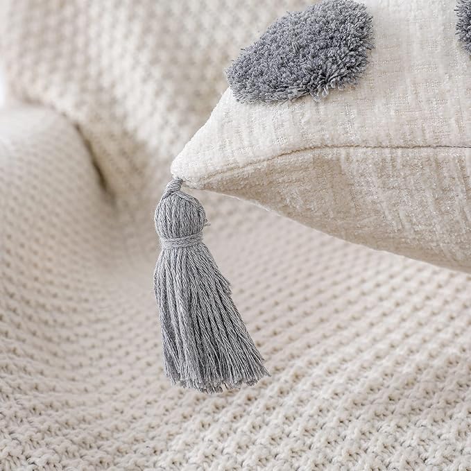 PANOD Super Soft Farmhouse Decorative Plush Throw Pillow Covers 16 x 16 Grey,Solid Pom pom Tufted with Tassels Modern Accent Boho Square Cushion Cover Pillow Case for Couch Sofa