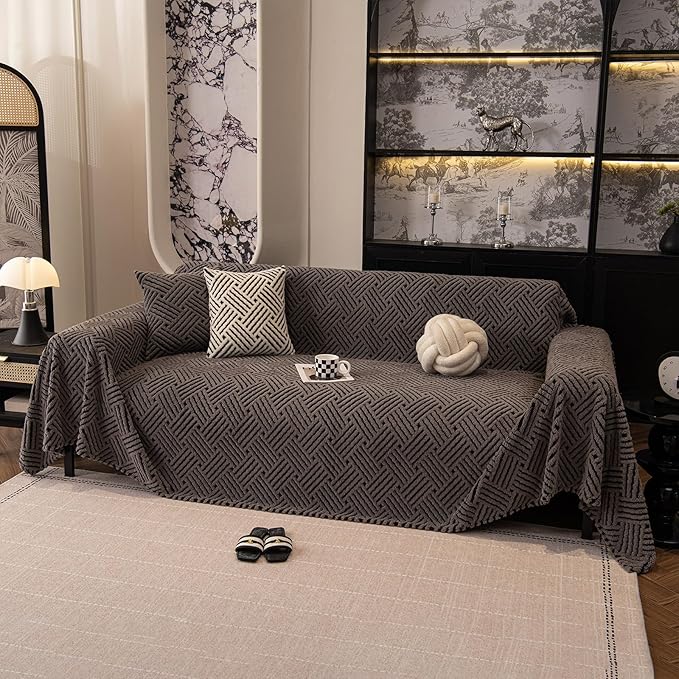 ROOMLIFE Striped Boho Gray Couch Cover for 2-3 Cushion Sofa, Fuzzy Plush Warm Sofa Slipcovers Sectional Sofas Covers, Non Slip Washable Furniture Protector Soft with Tassel,Winter 71''X118”