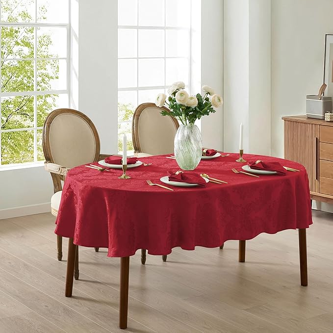 Newbridge Barcelona Damask Fabric Tablecloth, 60 x 84 Inch Oval, Red – No Iron, Soil Resistant Table Cover for Dining, Parties and Holidays