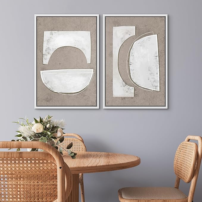 SIGNWIN Framed Canvas Print Wall Art Set Art Deco Grunge White Polygons Abstract Shapes Cozy Neutral Minimal Decorative Nordic Zen Bohemian for Living Room, Bedroom, Office - 24"x36"x2 White