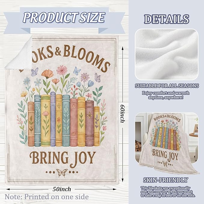Charming Book Blanket, Floral Reading Theme 60 x 50 Inch Flannel Throw Blanket, Gifts for Women Kids, Lightweight Cozy Warm Blankets for Sofa Travel Home Decor