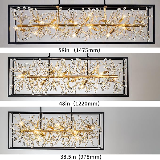 Vezzio Black and Gold Chandelier, 10-Light Rectangle Crystal Chandeliers Rectangular Modern Luxury Pendant Light Fixture for Dining Room Large Kitchen Island, L48 Inch