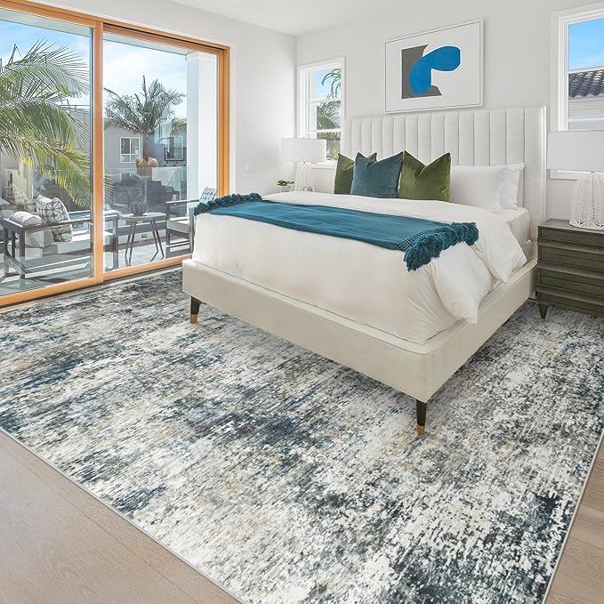 9x12 Washable Area Rug for Living Room: Modern Abstract Rugs Soft Non-Slip Low-Pile Indoor Floor Carpet for Bedroom, Dining Room, Nursery (BlueGreyBrown, 9'x12')