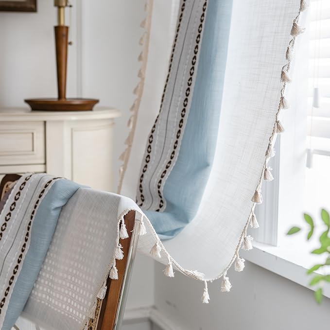 Sutuo Home Boho Curtains 72 inches for Bedroom Living Room, Semi Blackout Linen Farmhouse Tassels Window Treatment Bohemian Embroidery Drape, Rod Pocket 1 Panel 52" W x 72" L, Brown Blue Striped Linen