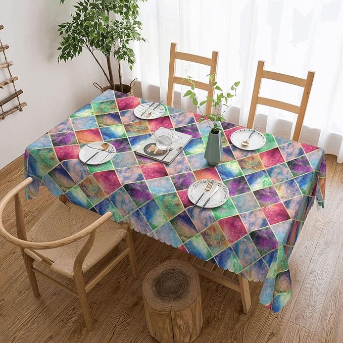 Watercolor Argyle Plaid Table Cloth for Dining Tables,Reusable Abstract Plaid Tablecloths Decoration Kitchen Colorful Rhombus Rectangle Table Cover for Holiday,Party,Picnic,54x72In