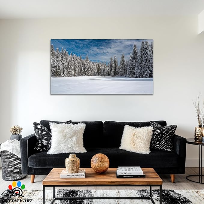 GUTTATY Christmas Winter Scene Canvas Wall Art, Snowy Forest Canvas Prints, Tranquil Blue Sky Wall Decor, Modern Poster Picture for Living Room, Holiday Wall Hanging Artwork, 60x30 Inch
