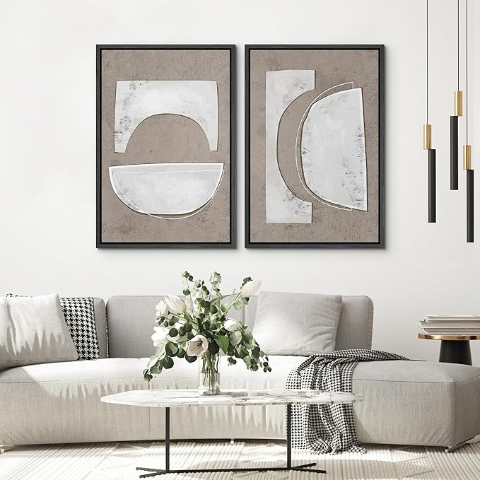 SIGNWIN Framed Canvas Print Wall Art Set Art Deco Grunge White Polygons Abstract Shapes Cozy Neutral Minimal Decorative Nordic Zen Bohemian for Living Room, Bedroom, Office - 24"x36"x2 Black