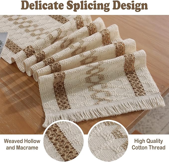 Boho Burlap Macrame Table Runner, Farmhouse Style Cotton Linen Rustic Woven Table Runner with Tassels for Dining, Wedding, Bridal Shower, Bohemian (12x108 inch, Coffee Lines)