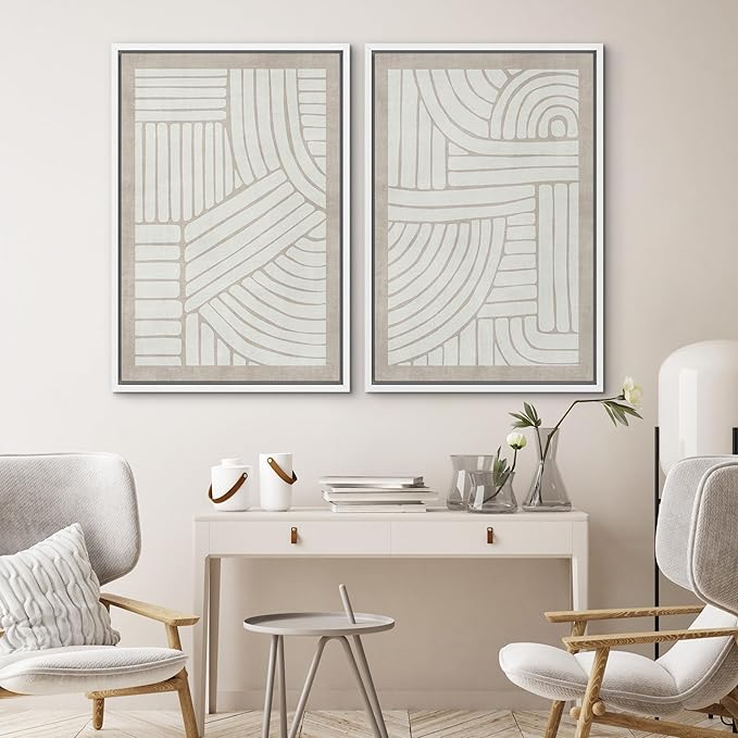 SIGNWIN Framed Canvas Print Wall Art Set Grunge Tribal Pattern Landscape Abstract Shapes Cozy Neutral Minimal Decorative Nordic Zen Bohemian for Living Room, Bedroom, Office - 16"x24"x2 White