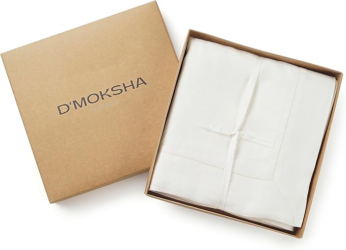 D'Moksha Homes Ivory Linen Tablecloth for Rectangle Tables 60 x 102 Inch - Classic Hemstitch 100% Pure Linen Ivory Table Cloth - Machine Washable Dining Tablecloth for Thanksgiving, Christmas, Holiday