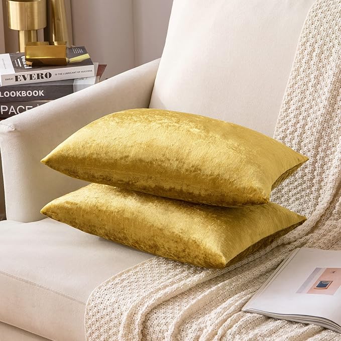 MIULEE Pack of 2 Golden Velvet Throw Pillow Covers 12x20 Inch Soft Solid Decorative Set Lumbar Fall Cushion Cases for Couch Sofa Bedroom