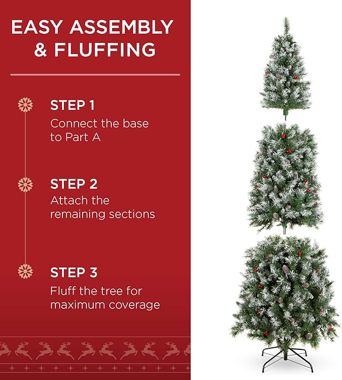 Best Choice Products 9ft Pre-Lit Pencil Christmas Tree, Partially Flocked Pre-Decorated for Home, Skinny Frosted Holiday Tree w/ 1,298 Tips, 460 Lights, Pine Cones, Metal Hinges & Base