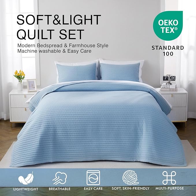 Oversized Queen Quilt Set – 102"x106" Soft Washed 3-Layer Lightweight Bedspread with Multi-Lock Quilting, Minimalist Nordic Bedding, All-Season Quilt Set for Spring & Summer, (1 Quilt + 2 Shams)Blue