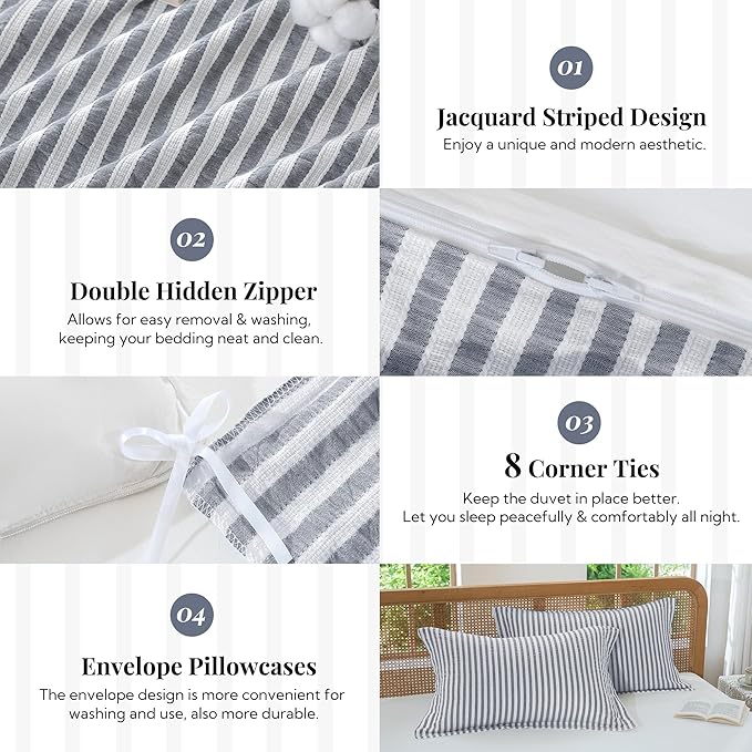 MILDLY Striped Duvet Cover Set - 100% Washed Cotton Charcoal Grey Boho Jacquard Textured Comforter Cover 3pcs with Zipper Closure 104"x90"