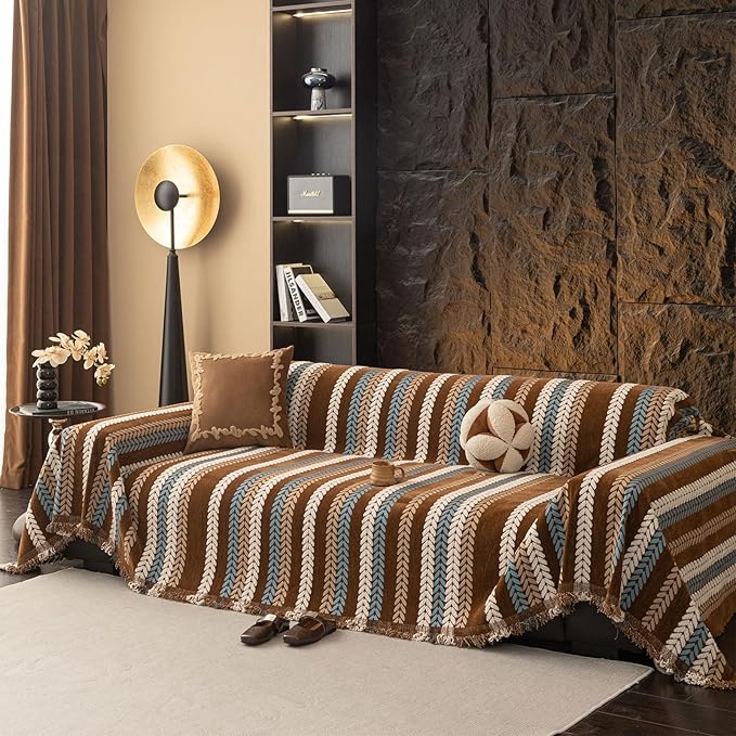 VClife Chenille Couch Cover for Sectional Sofa, Non Slip Couch Cover for 2 Cushion Couch Sofa, Washable Pet Couch Protector for Dog Chic Stripe Jacquard Sofa Slipcover with Tassel, Brown, 71''x118''