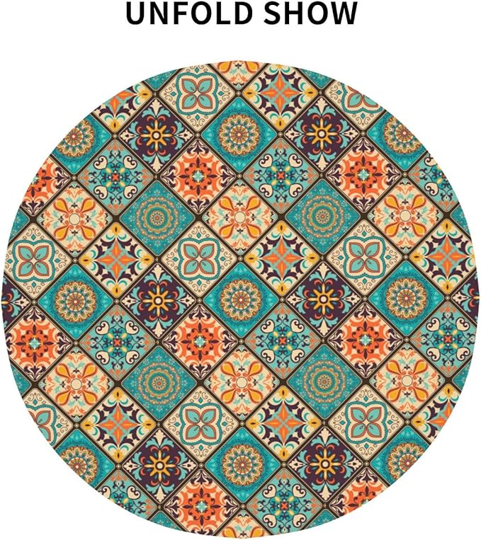 Mexican Ceramic Round Tablecloth, Colorful Talavera Tile Mandala Traditianal Boho Water Resisitant Wipeable Table Cover for Dining Kitchen Living Room Home Party Holiday Decor 70 inch Round