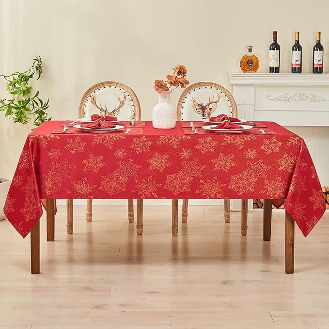 Rectangle Fancy Metallic Sparkling Snowflake Christmas Fabric Table Cloth red Hunter Gold Navy White Silver No-Iron Soil Resistant Woven Holiday Table Cover(Red Gold/52x70Inch)