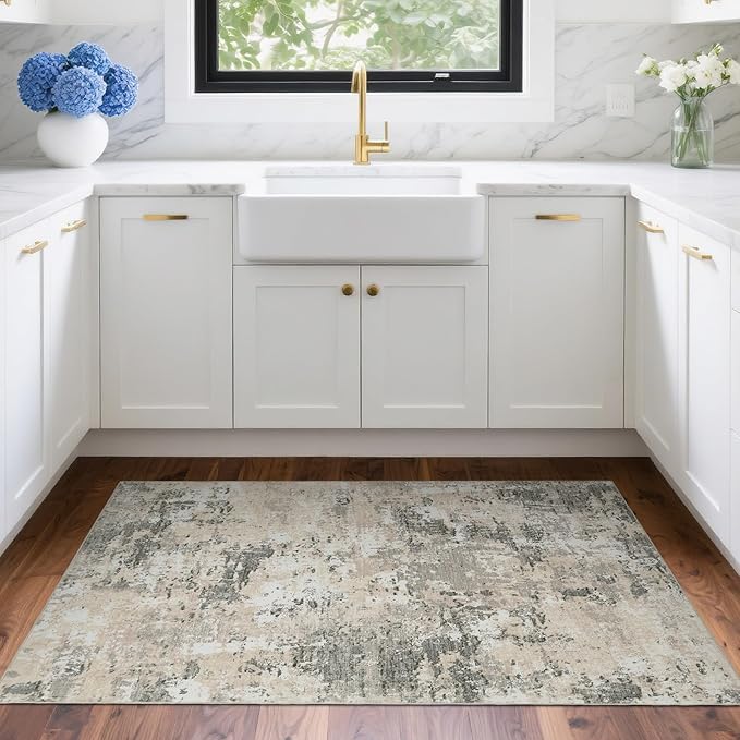 Modern Abstract 2x3 Area Rug Non Slip Non Shedding Low Pile Stain Resistant Rug for Entryway Kitchen Bedroom,Grey Yellow
