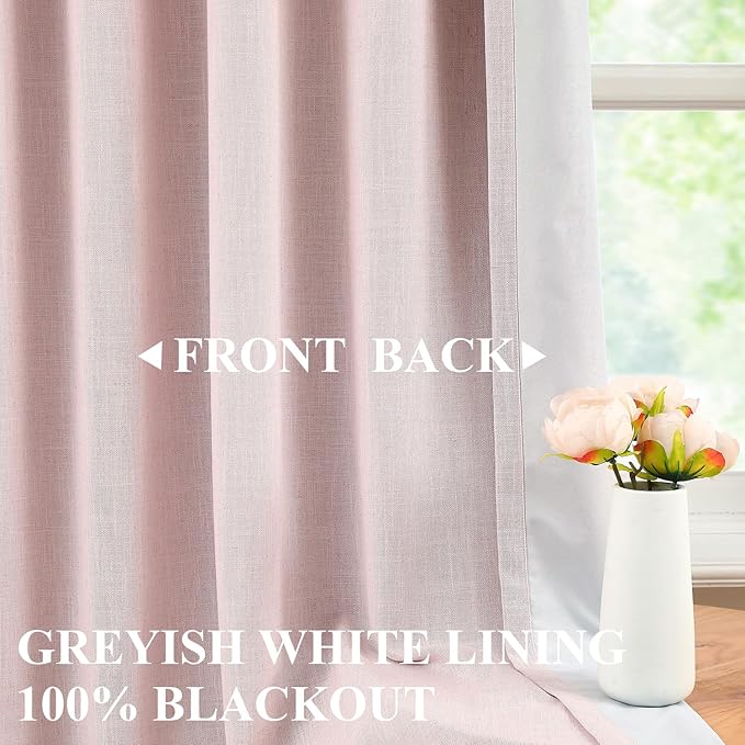 Vision Home Soft Pink Pinch Pleated Full Blackout Curtains Linen Blended Room Darkening Curtain Panels 63 inch for Living Room Bedroom Thermal Insulated Pinch Pleat Drapes with Hooks 40" Wx63 Lx2