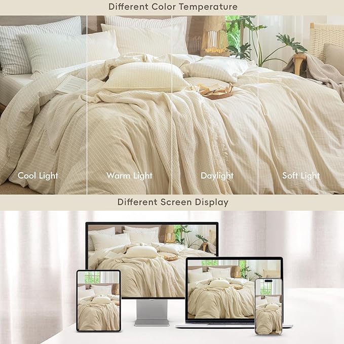 MooMee Striped Duvet Cover Set 100% Washed Cotton Linen Like Textured Breathable Durable Soft Comfy (Almond Milk Grey White Wide Stripes, Super King Plus 120"x120")