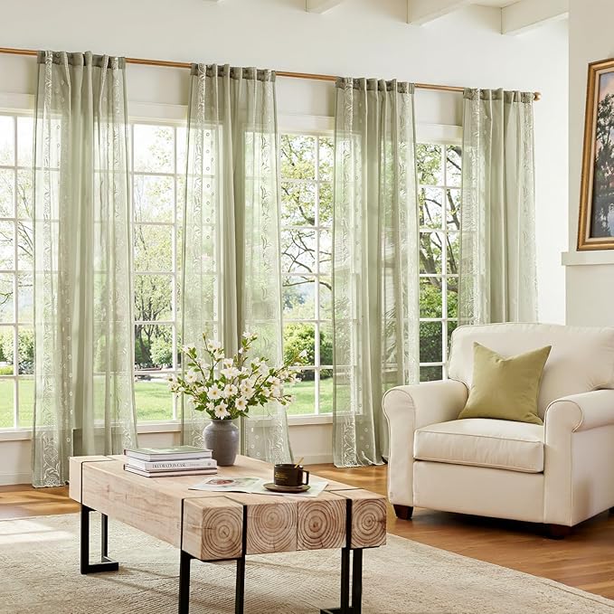 jinchan Winslow Sheer Curtains 63 Inch Length for Dorm Bedroom Bordered Floral Pattern Decorations Short Curtains Light Filtering Window Treatments, 50W x 63L, Ivory on Sage, 2 Panels