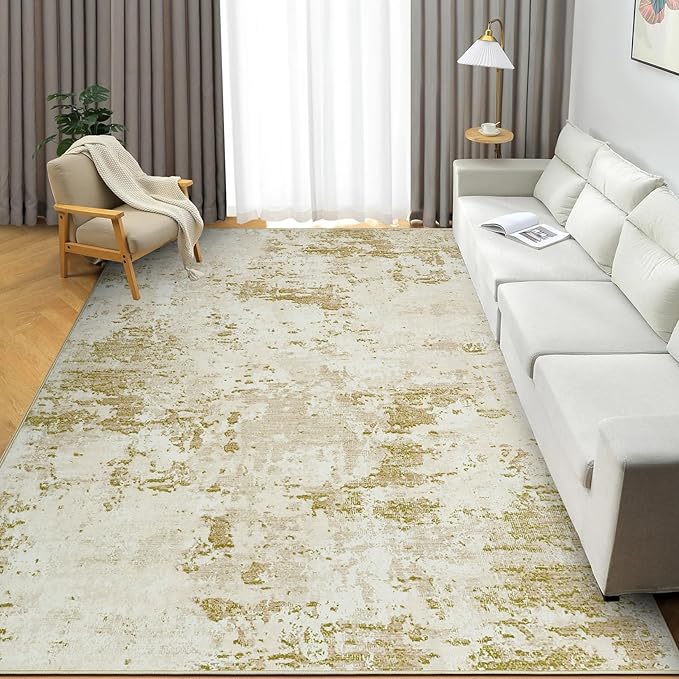 Modern Abstract Area Rug 6x9 Non Slip Non Shedding Rug Low Pile Stain Resistant for Bedroom Living Room,Golden Grey