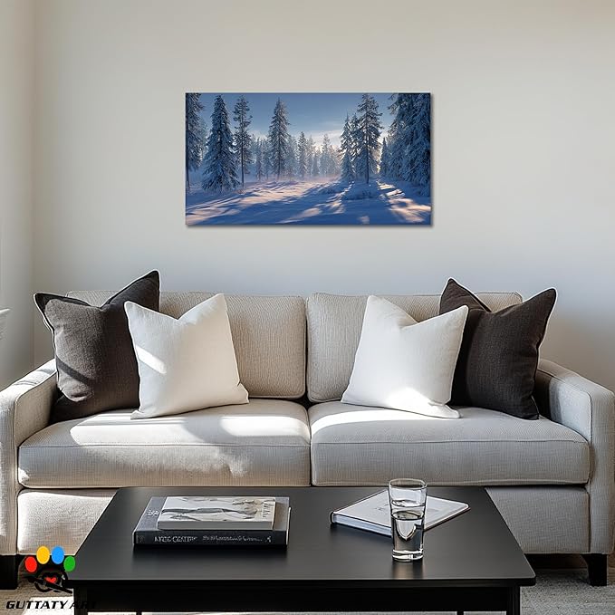 GUTTATY Christmas Winter Scene Canvas Wall Art, Snowy Forest Wall Decor, Serene Pine Tree Canvas Painting, Peaceful Pictures for Living Room, Bedroom, Office, Holiday Decoration, 40x20 Inch