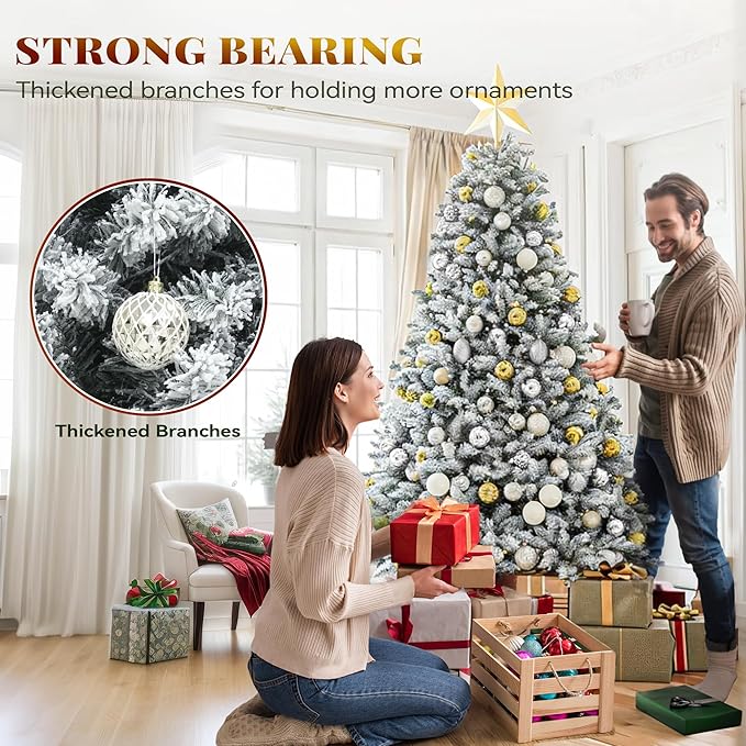YITAHOME 6 FT Prelit Snow Flocked Christmas Tree with Remote, Hinged Pine Christmas Tree with 250 Warm White/Multicolor Changing Lights, 1100 Branch Tips, and Foldable Base for Home, Party Decoration