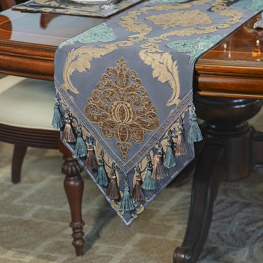 Loom and Mill Luxury Table Runner 90 Inches Long, Traditional Damask Jacquard Table Runners with Handmade Multi-Tassels for Dining Room Dresser Party Holiday Banquet Decorations(13" x 90", Grey Blue)