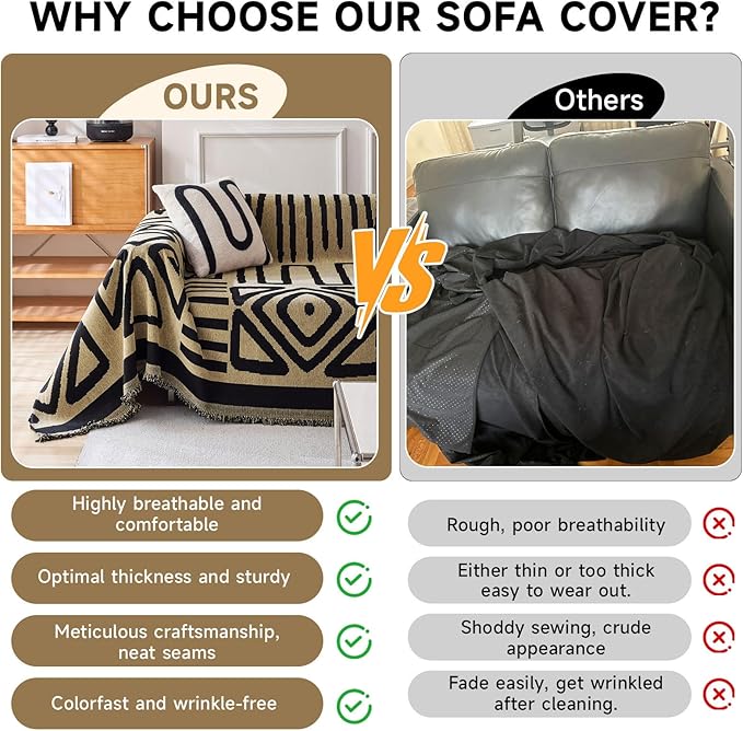 VClife Couch Cover 1 Piece Boho Tribal Black and Camel Geometric Jacquard Pattern Sofa Cover for 2 Cushion Couch Sofa, Soft Washable Chenille Living Room Loveseat Cover Slipcover for Sofa Bed 71"X102"