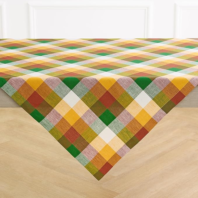 Solino Home Linen Checkered Tablecloth 52 x 52 Inch - 100% Pure Linen Fall Multicolor Buffalo Plaid Square Tablecloth - Machine Washable Table Throw for Autumn, Thanksgiving