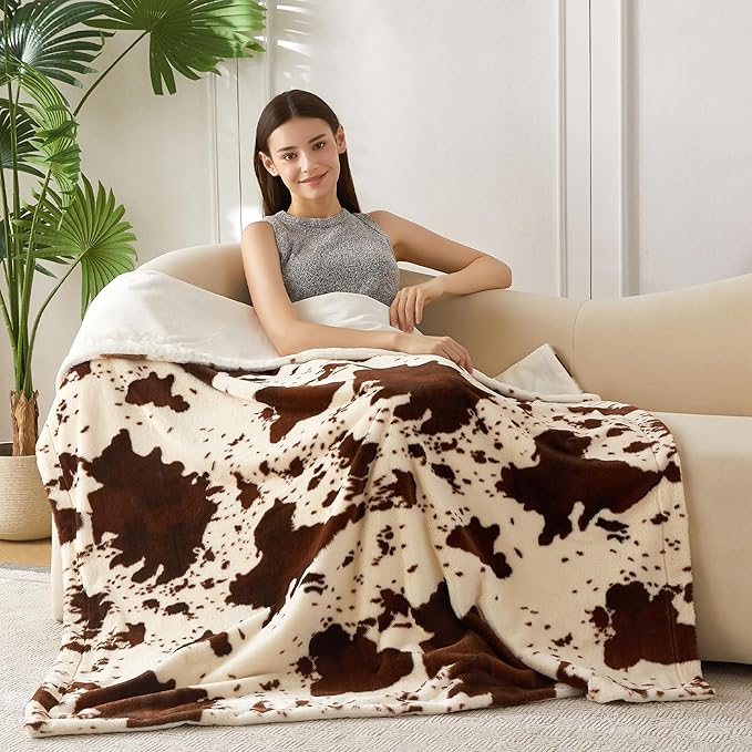 COOVA Faux Rabbit Fur & Flannel Throw Blanket 50x60 Inch - Luxury Fuzzy & Cozy Soft Blanket for All Seasons, Breathable and Comfortable for Bed, Sofa, Couch, and Camping, Cow Print,Brown