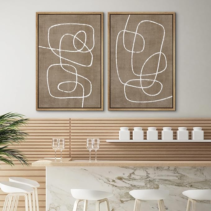 SIGNWIN Framed Canvas Print Wall Art Set Geometric Mid-Century Spiral Collage Abstract Shapes Cozy Neutral Minimal Decorative Nordic Zen Bohemian for Living Room, Bedroom, Office - 16"x24"x2 Natural