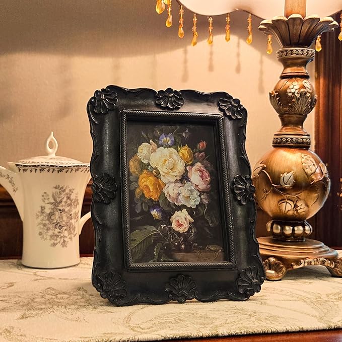 SYLVIA'S SHOP 4x6 Vintage Picture Frame, Antique Black Ornate Photo Frame, for Tabletop and Wall Display, Decorative Floral Design Retro Home Decor, Photo Gallery Art