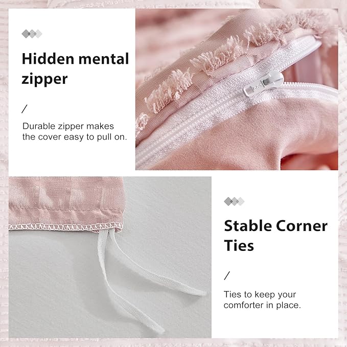 WARMDERN Boho Duvet Cover Set Queen Size, Pink Striped Duvet Cover Microfiber Bedding Set, 3PCS Ultra Soft Breathable Lightweight Tuft Texture Duvet Covers with Zipper Closure(Pink, Queen)
