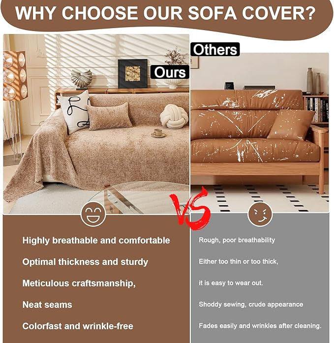 ROOMLIFE Boho Khaki Couch Cover for Dogs, Washable Non Slip Furniture Protector Couch Sofa Covers for 3 Cushion Couch, Soft Chenille Sofa Slipcovers Couch Cover Throw Blanket with Tassels 71''X150''