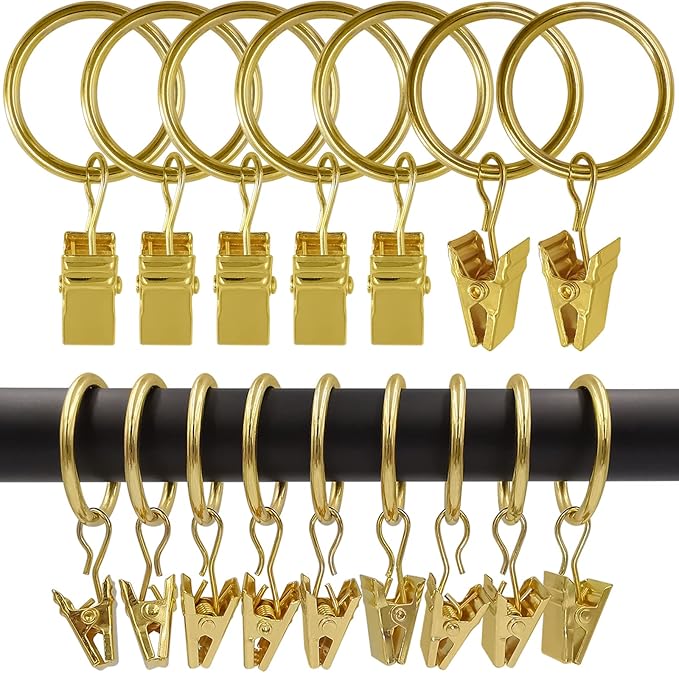 100 Pack Curtain Rings with Clips, Curtain Clip Rings Hooks, Bow Hanger Clips for Hanging Drapery Drapes Bows, Ring 1 inch Interior Diameter, Fits up to 5/8" Rod, Gold