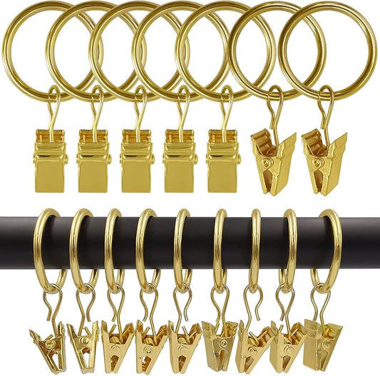 100 Pack Curtain Rings with Clips, Curtain Clip Rings Hooks, Bow Hanger Clips for Hanging Drapery Drapes Bows, Ring 1 inch Interior Diameter, Fits up to 5/8" Rod, Gold