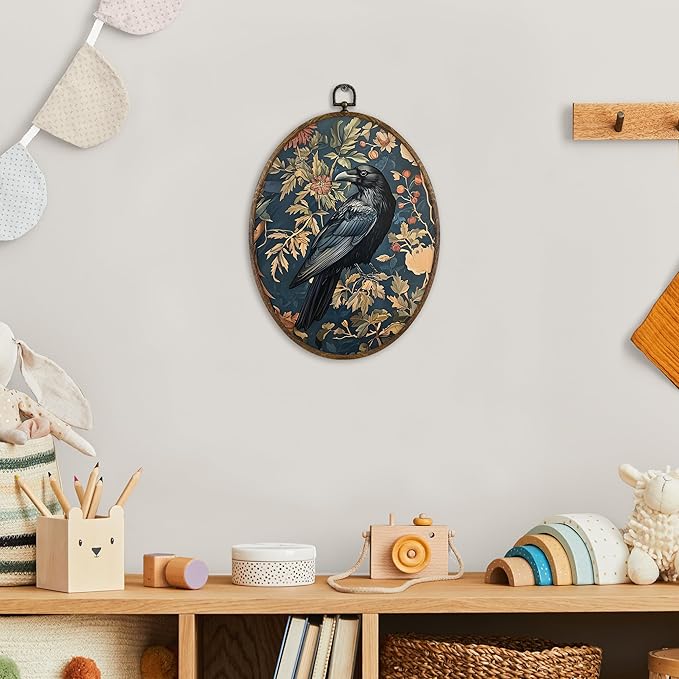 KFXHANGD Vintage Raven Crow Oval Wall Art Framed, Raven Botanical Cottagecore Crow Canvas Wall Art Decor,Gothic Mid Century Dark Raven Hanging Decorations for Bathroom Living Room, 8.7x11.3in
