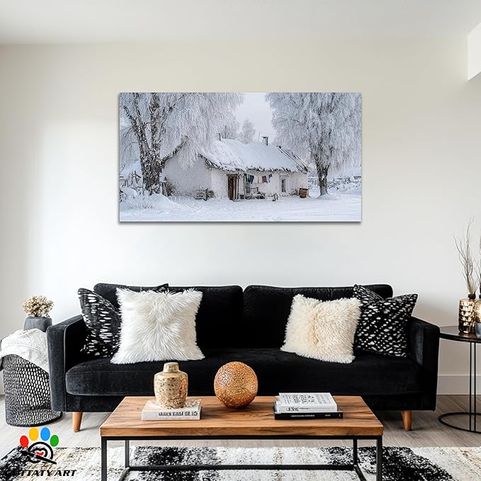 GUTTATY Christmas Winter Scene Canvas Pictures, Snowy Village Wall Decor, White Frost Landscape Canvas Artwork, Rustic Cabin Wall Painting for Living Room, Bedroom, Holiday Decoration, 60x30 Inch