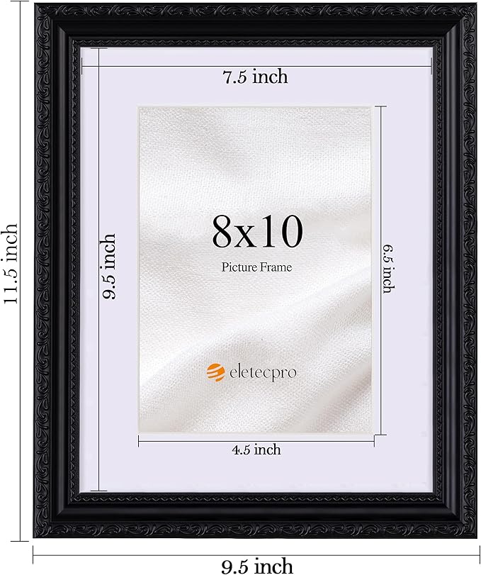 eletecpro 8x10 Picture Frames Set of 2, Vintage Photo Frames with Glass, 8 by 10 Frame Displays 5x7 Photo with Mat or 8x10 without Mat for Tabletop or Wall Decor, Black